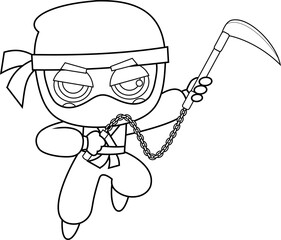 Outlined Cute Ninja Boy Warrior Cartoon Character With Kusarigama In Action Fighting. Vector Hand Drawn Illustration Isolated On Transparent Background