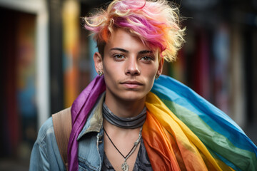 Hispanic man wearing make up and long hair wrapped in rainbow lgbtq flag winking looking at the camera with sexy expression, cheerful and happy face.