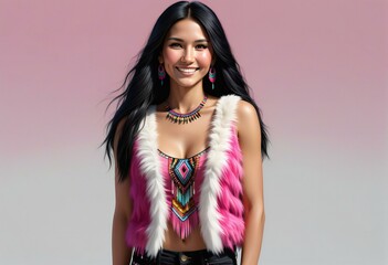 Beautiful asian woman in ethnic costume with pink fur collar - Powered by Adobe