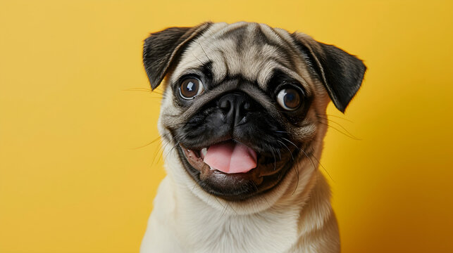 Pug dog isolated on yellow background with copy space. Close up portrait of happy smiling pug face head looking at the camera. Banner for pet shop. Pet care and animals concept for poster, print, card