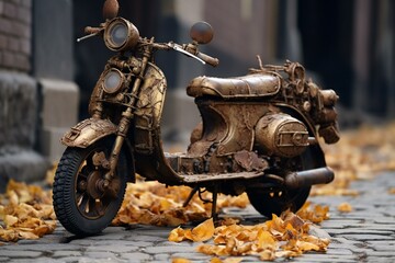 Old rusty motorcycle on the street with yellow autumn leaves in the city