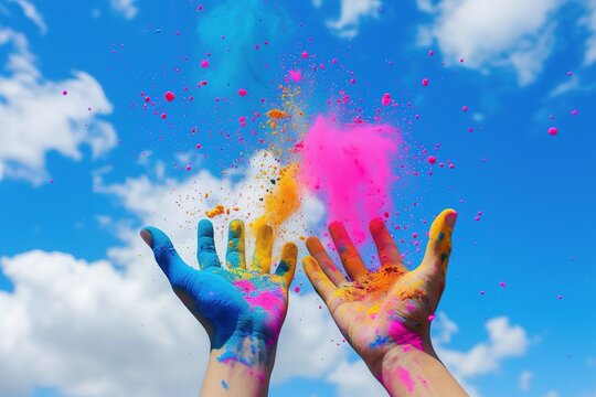 Human hands throwing colorful powder of paint against the sky. Holi festival.