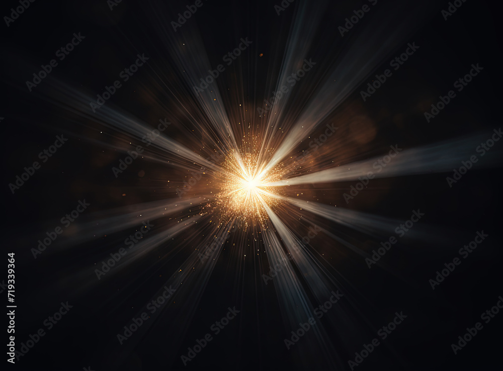 Poster sun flare with yellow rays and beams on dark background.