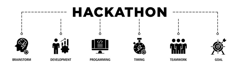 Obraz premium Hackathon banner web icon set vector illustration concept for design sprint-like social coding event with icon of brainstorm, development, programming, timing, speed, teamwork, and goal