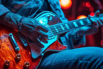 Obraz premium Rock musician plays the electric guitar on stage
