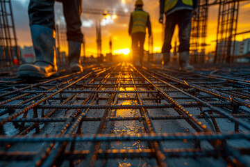 Construction workers are walking in building site over steel grid with beautiful sunset in the background. - obrazy, fototapety, plakaty