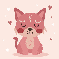 Animated furry baby kitten in pink hues for an illustrated children's book, adorable with closed eyes, whiskers, surrounded by hearts, expressing love. Minimal vector illustration