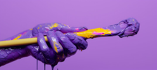  a hand drenched in paint with a yellow and purple sti