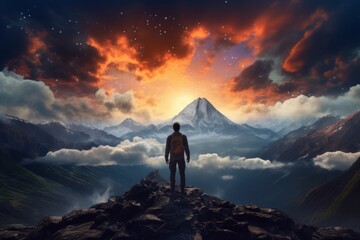 silhouette of a person standing on a mountain top