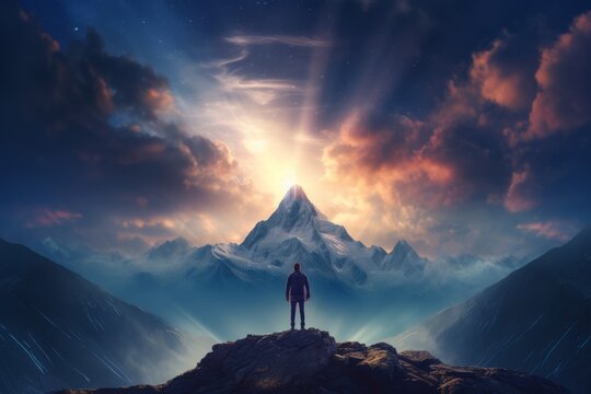 silhouette of a person standing on a mountain top