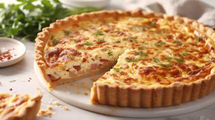 Quiche Lorraine pie with beechwood smoked bacon, creamy Cheddar cheese, and free-range egg in shortcrust pastry on a white plate and modern white background. Banner with copy space. - Powered by Adobe