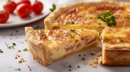 Quiche Lorraine pie with beechwood smoked bacon, creamy Cheddar cheese, and free-range egg in shortcrust pastry on a white plate and modern white background. Banner with copy space.