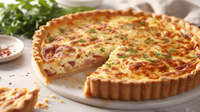 Quiche Lorraine pie with beechwood smoked bacon, creamy Cheddar cheese, and free-range egg in shortcrust pastry on a white plate and modern white background. Banner with copy space.