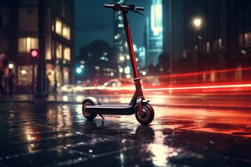 Electric scooter on a city night street, AI generated