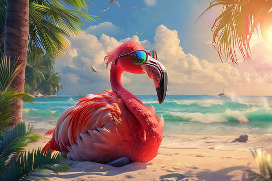  a large flamingo wearing glasses sitting on a beach w