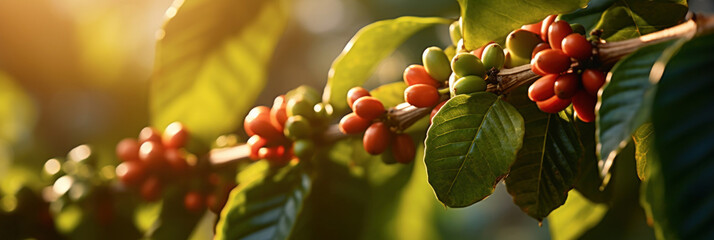Close up of Coffee beans on coffee plant branch.