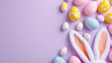 Decorated Easter eggs and bunny ears on a lavender background with copy space.
