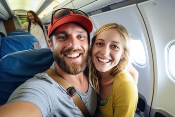 Fototapeta na wymiar Happy couple taking a selfie on an airplane, embarking on a joyful journey together