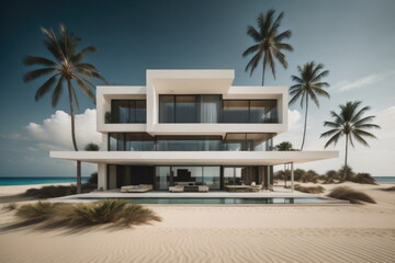 Fototapeta premium Modern villa on a tropical sand beach among palm trees