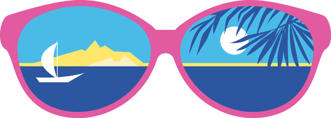 Close-up of sunglasses reflecting ocean view with a sunny island, palm tree silhouettes, and a sailboat. Isolated. Travel and summer concept design element.