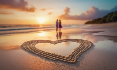 Heart drawn in the sand on a tropical beach and silhouette of a couple meets the dawn together at the sea. Love and romance concept, Valentines day background