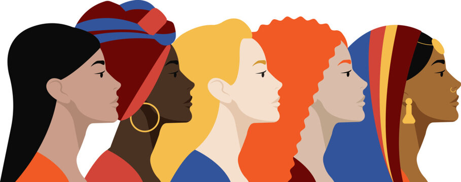 A row of diverse profile portraits of women. Unity, individuality, women union around the world. Each one as a symbol of unique culture. International woman day.