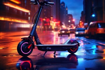 Electric scooter on a city night street, electric scooter in the city landscape, standing on the road, Electric scooter in the city, AI generated