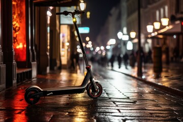 Electric scooter on a city night street, electric scooter in the city landscape, standing on the road, Electric scooter in the city, AI generated