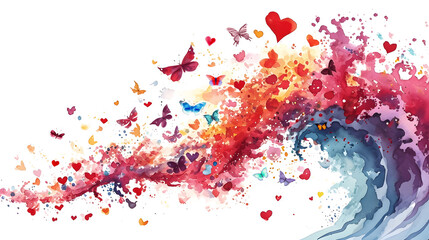 Colorful wave splashing butterflies and hearts on a white background. Watercolor.