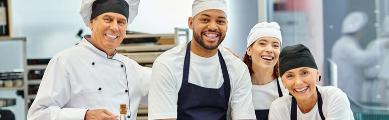 jolly diverse chefs and chief cook smiling at camera while working with dough, confectionery, banner