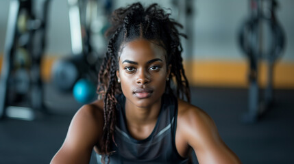 Fototapeta premium Portrait of attractive fitness woman in gum. 