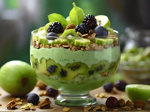a green fruit parfait, featuring a mix of kiwi, lime, and green apple slices layered with creamy yogurt and granola