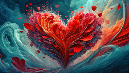 Peinture d'un coeur rempli de pétales rouge, Saint Valentin, mariage, sentiment d'amour et de romantisme