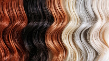 Palette of various colours hair. Samples of black, brown, red, blonde, white hair set.