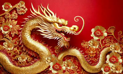 Obraz premium Gold Shiny Traditional Chinese Dragon On Red Background With Gold Flowers Lunar New Year