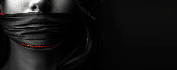 Obraz premium Scared girl with tape on her mouth. AI generated.