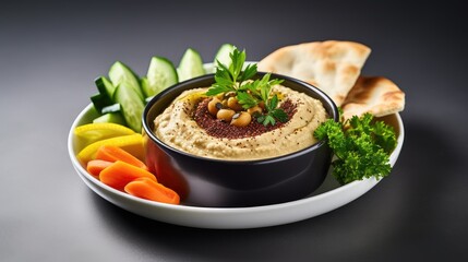 Traditional Hummus Served With Fresh Vegetables and Pita Bread on a Sleek Table
