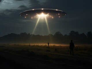 UFO flying over the meadow. - obrazy, fototapety, plakaty