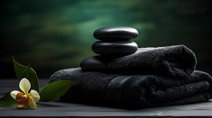 Hot spa atmosphere with rolled up dark towels, smooth gray stones on dark green background