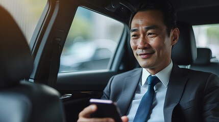 Successful middle-aged businessman sits in car with phone in his hands and smiles.