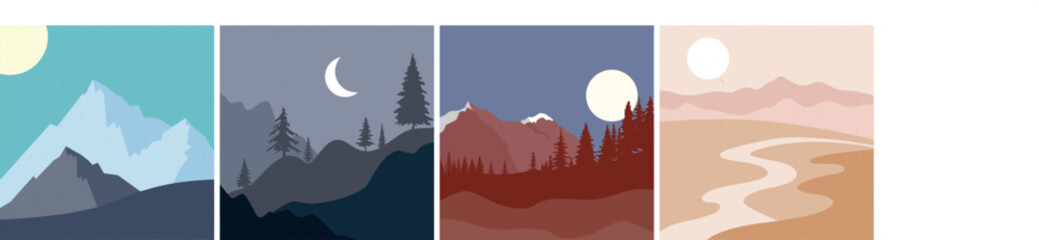 Collection of abstract landscapes. Sun, mountains, moon, trees, lakes, rivers. Japanese style. Modern layouts, trendy colors. Vector illustration.