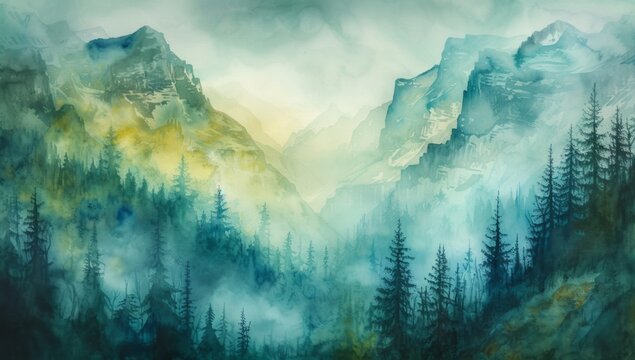 watercolor painting of the mountain landscape Generative AI