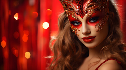 Sexy female model girl with bright makeup and carnival mask on red background with bokeh. Masquerade woman.