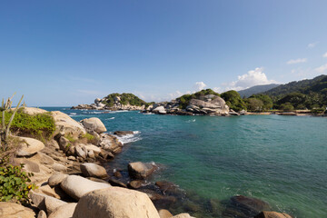 Rocky mountains and turquoise caribbean sea at Tayrona National park in colombia