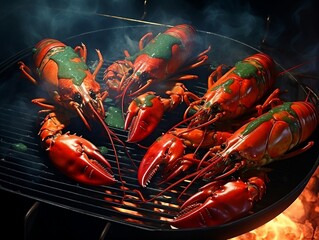 Lobsters grilling on a grill with a flame