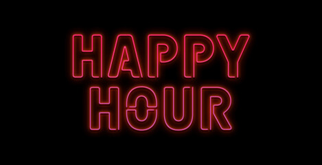 Happy hour neon sign on brick wall background.