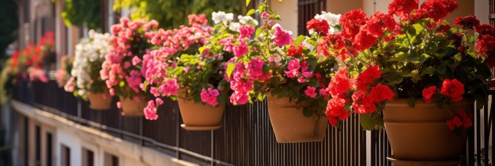 Hobby and recreation, beautiful balcony or terrace decorated with various flowers in pots, banner - obrazy, fototapety, plakaty
