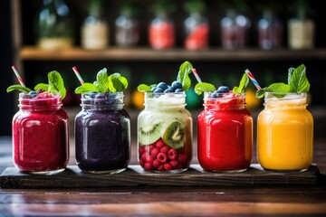 Fresh Fruit Smoothies In Glass Jars,Colorful smoothies in glass jars, with fruits in the foreground, colorful smoothies in glass jars on the wooden table AI generated