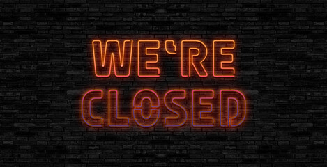 Neon closed sign vector isolated on brick wall. Close bar banner light symbol, decoration effect. Neon illustration.