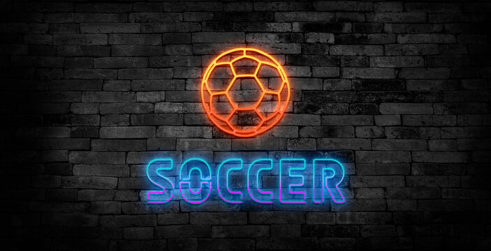 SOCCER -Realistic Neon Sign on Brick Wall background - 3D rendered royalty free stock image. Can be used for online banner ads and direct mailers. 